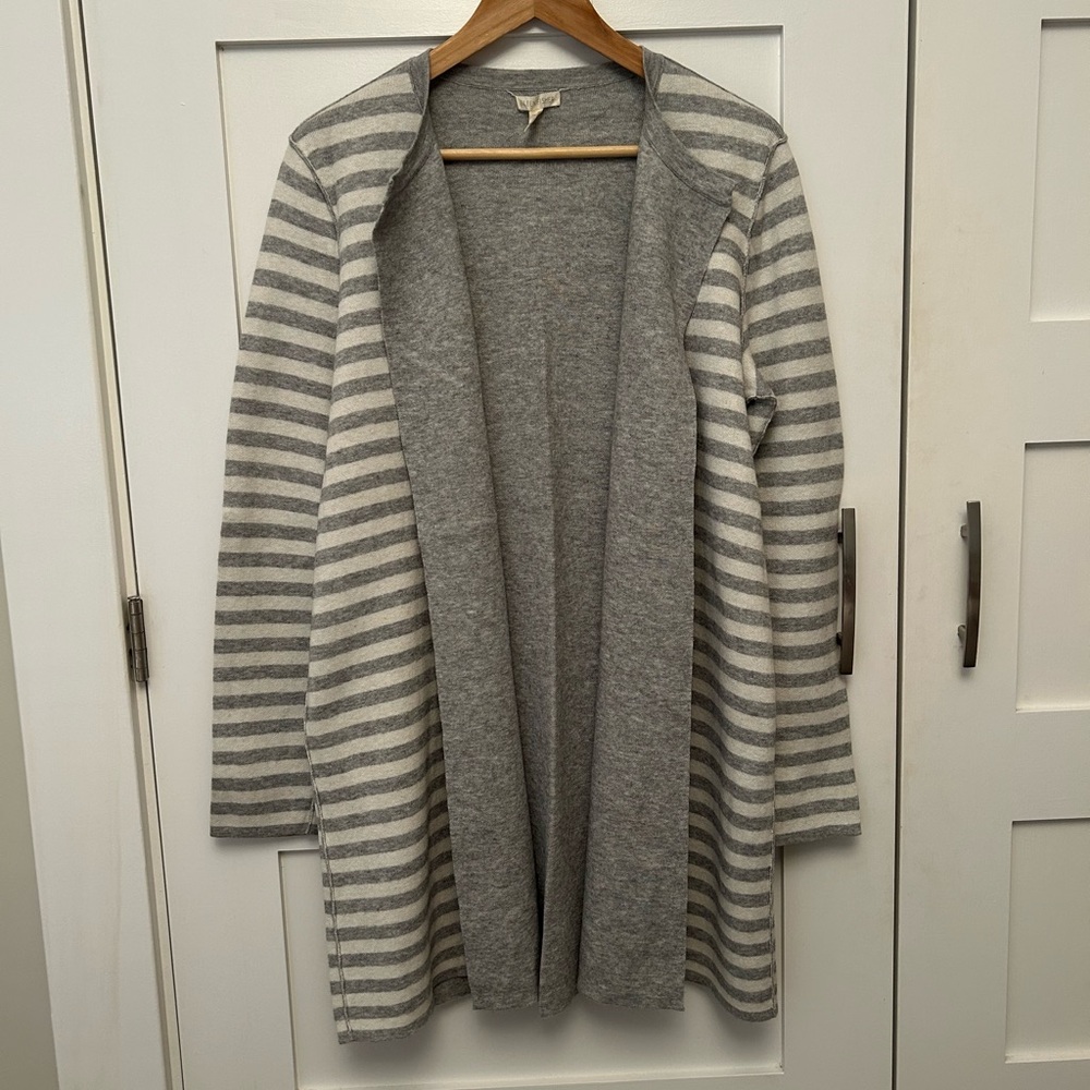Eileen Fisher Gray and White Striped Cardigan Sweater